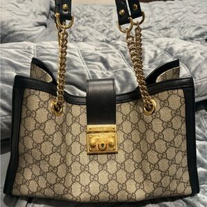 Gucci Cream and Black Shoulder Bag with Gold Accents